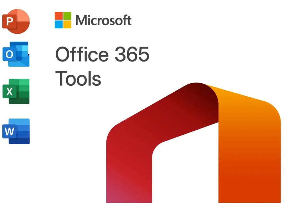 Das Bild zeigt eine Übersicht der Microsoft Office 365 Tools. Oben links befindet sich das Microsoft-Logo, gefolgt von dem Text "Office 365 Tools". Auf der rechten Seite ist das Symbol für Microsoft Office zu sehen, das in einem Farbverlauf von Rot zu Orange gestaltet ist. Links daneben sind vier Icons für verschiedene Office-Anwendungen vertikal aufgelistet: ein rotes Symbol für PowerPoint (P), ein blaues für Outlook (O), ein grünes für Excel (X) und ein weiteres blaues für Word (W). Das Design vermittelt die Vielfalt der Tools und verweist auf deren zentrale Rolle in der Microsoft-Produktpalette.