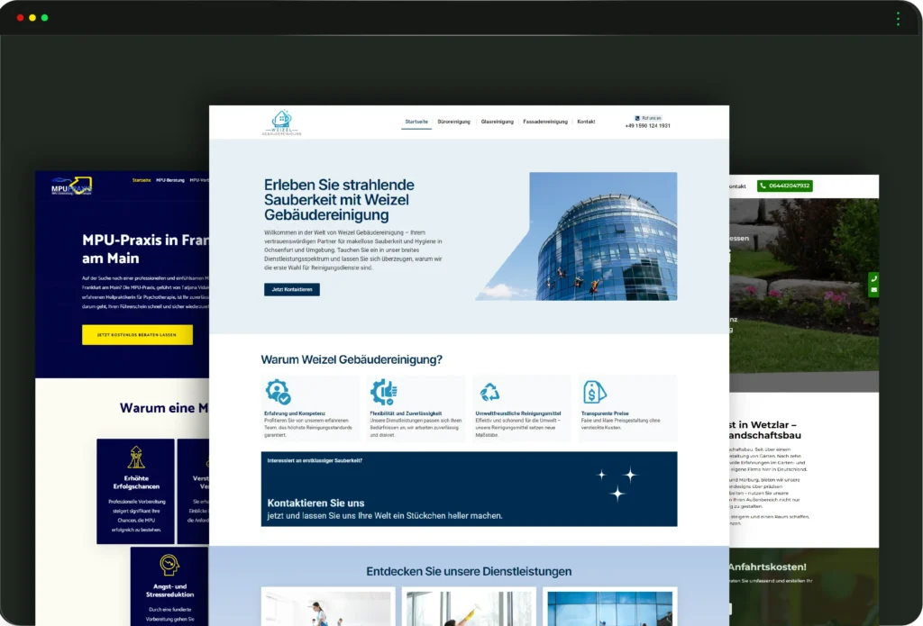 Ein Screenshot zeigt eine Übersicht von drei modernen und ansprechend gestalteten Webdesigns aus verschiedenen Branchen. Im Vordergrund steht ein Webdesign aus dem Bereich Gebäudereinigung, das in hellblauen und weißen Farbtönen gestaltet ist. Der obere Abschnitt enthält einen Slogan, begleitet von einem Bild eines modernen Glasgebäudes, an dem Reinigungskräfte arbeiten. Darunter werden vier Stärken der Dienstleistungen hervorgehoben, z. B. 'Erfahrung und Kompetenz' sowie 'Umweltfreundliche Reinigungsmittel', illustriert mit Icons. Im Hintergrund sind zwei weitere Webseiten sichtbar: Links ein Design aus dem Bereich Verkehrspsychologie und MPU-Beratung, mit einem dunkelblauen Layout und einem auffälligen gelben Button für eine kostenlose Beratung. Rechts ein Webdesign für Garten- und Landschaftsbau, gestaltet in natürlichen Grüntönen, mit Fotos von gepflegten Außenanlagen.