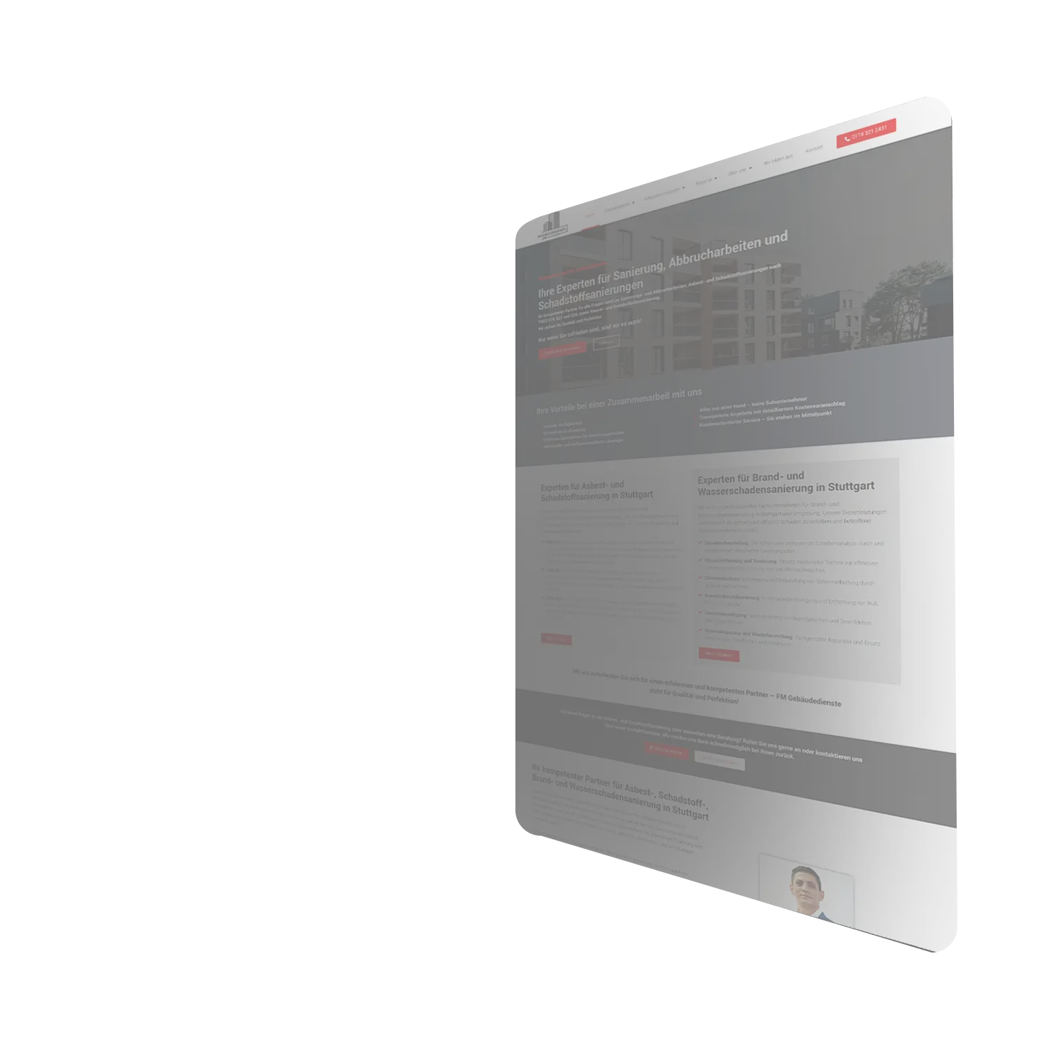 A website for a remediation company that specializes in demolition work and pollutant remediation. The image shows the website slightly sideways, with a sober, functional design that provides clear, structured information.