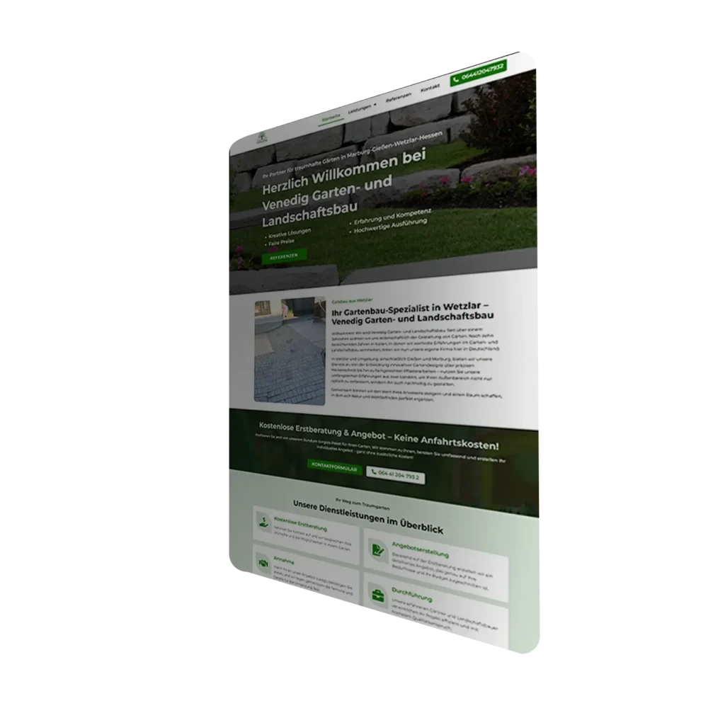 Representation of a gardening and landscaping website, presented at a slightly tilted angle. The website offers information on creative garden solutions and advice for private and business customers, with a strong visual emphasis on green accents and nature images.