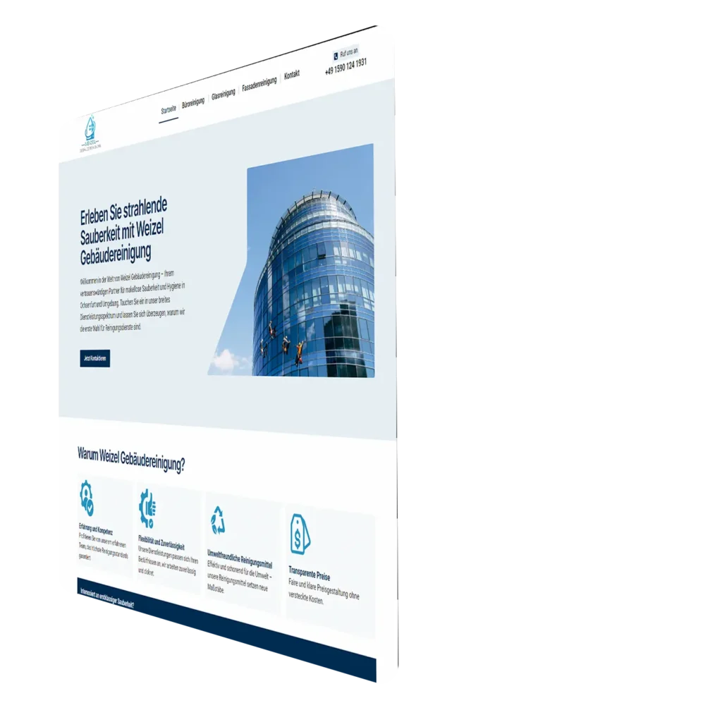 Eine Webseite für Gebäudereinigungsdienste, dargestellt in einem modernen, leicht angewinkelten Design. Die Seite zeigt ein Glasgebäude und Informationen über die Reinigungskompetenzen des Unternehmens. Der Schwerpunkt liegt auf Transparenz und umweltfreundlichen Reinigungsmethoden.