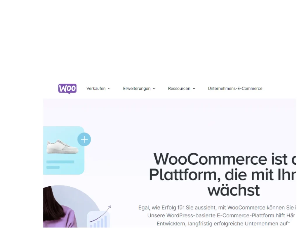 Ausschnitt einer Website mit WooCommerce-Branding und Menüleiste oben. Der Text „WooCommerce ist die Plattform, die mit Ihnen wächst“ ist prominent in der Mitte platziert. Links ist eine grafische Darstellung eines Sneakers vor einem blauen Hintergrund zu sehen, die auf den E-Commerce-Fokus hinweist. Darunter wird erklärt, dass WooCommerce Unternehmen dabei hilft, erfolgreich zu wachsen, egal ob Start-up oder etabliertes Geschäft.