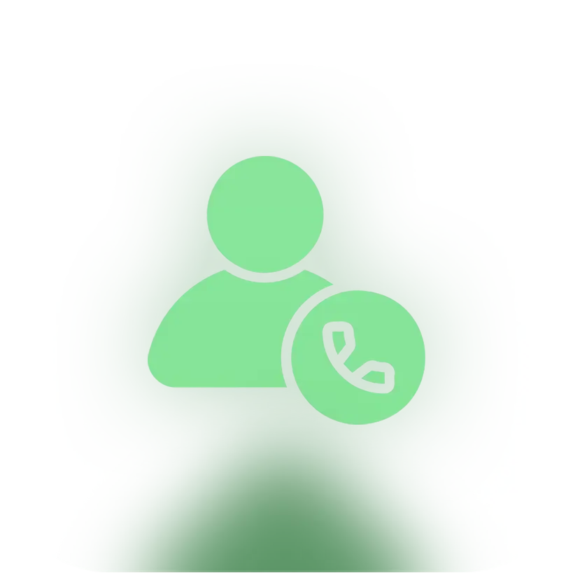 Ein grünes Icon mit der Silhouette einer Person und einem Telefonsymbol, das schnellen und direkten Kontakt signalisiert.