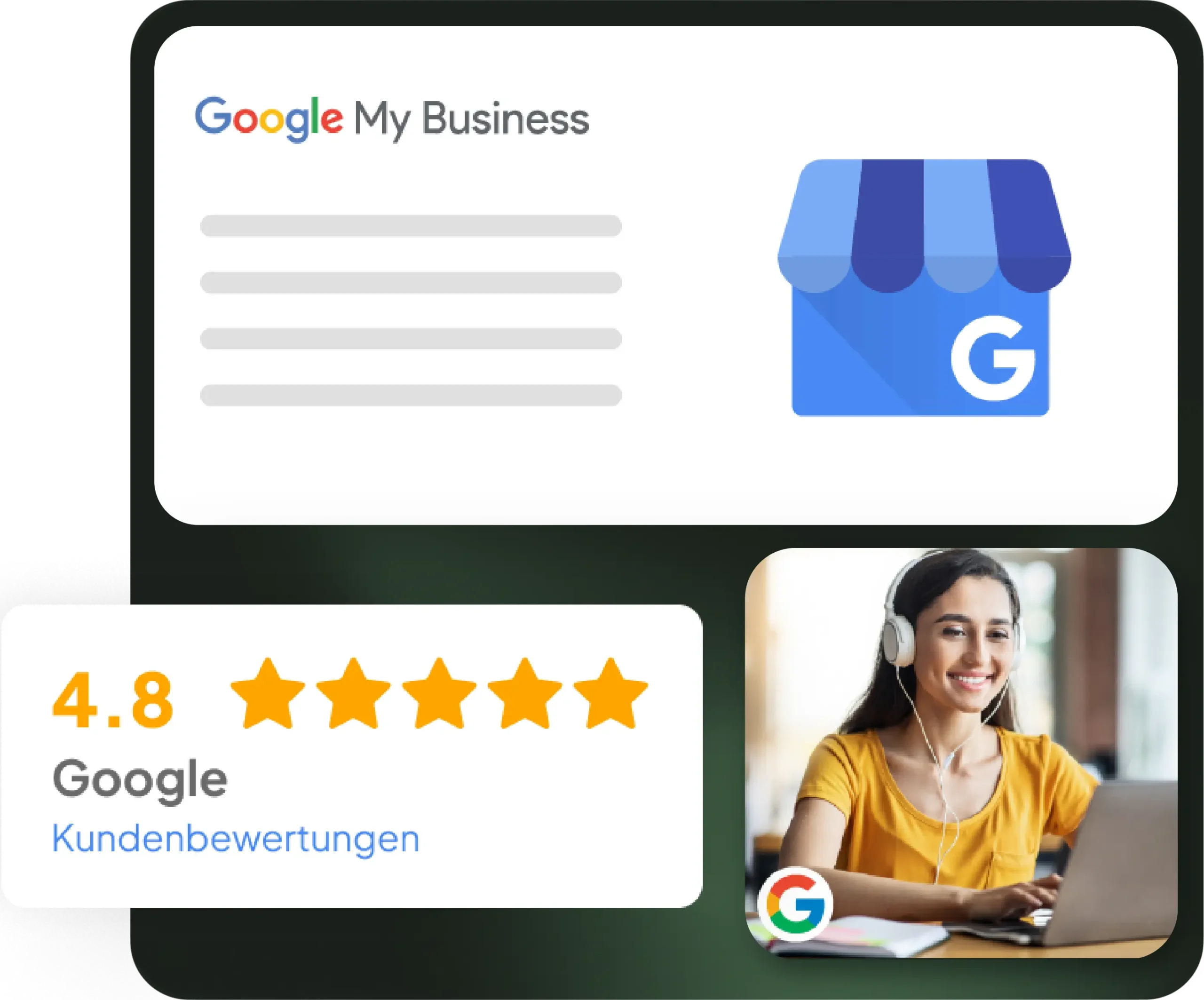 Das Bild zeigt eine Übersicht zu Google My Business. Im oberen Abschnitt ist das Google-Logo zusammen mit einem blauen Symbol abgebildet, das ein kleines Geschäft mit Markise darstellt, symbolisch für ein Unternehmensprofil. Auf der linken Seite sind mehrere graue Linien als Platzhalter dargestellt, die Text oder Informationen über das Unternehmen andeuten. Im unteren Bereich wird eine Kundenbewertung präsentiert: 4,8 Sterne von 5, illustriert durch gelbe Sterne. Darunter steht der Text Google Kundenbewertungen. Rechts daneben befindet sich ein Bild einer jungen Frau, die lächelnd an einem Laptop arbeitet. Sie trägt ein Headset, was auf Kundensupport oder eine Online-Beratung hinweisen könnte. Das Google-Logo befindet sich in der unteren linken Ecke des Profilbilds.