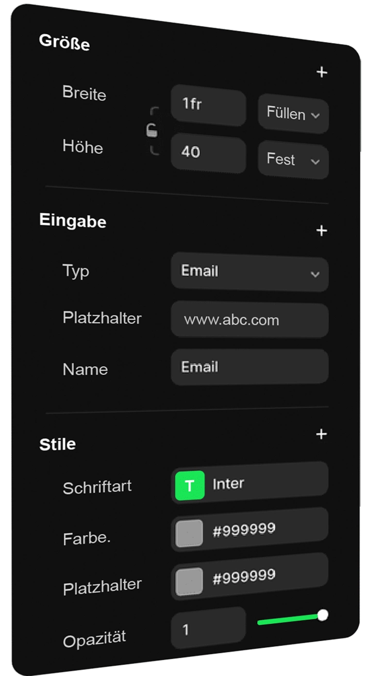 Screenshot eines Einstellungsmenüs zur Anpassung der Eingabefelder. Die Optionen umfassen Breite und Höhe des Eingabefelds, Platzhaltertext für URLs und Namen, sowie Schriftstile, Farben und Opazität. Ein Beispiel-Platzhalter zeigt die Eingabe einer E-Mail-Adresse.