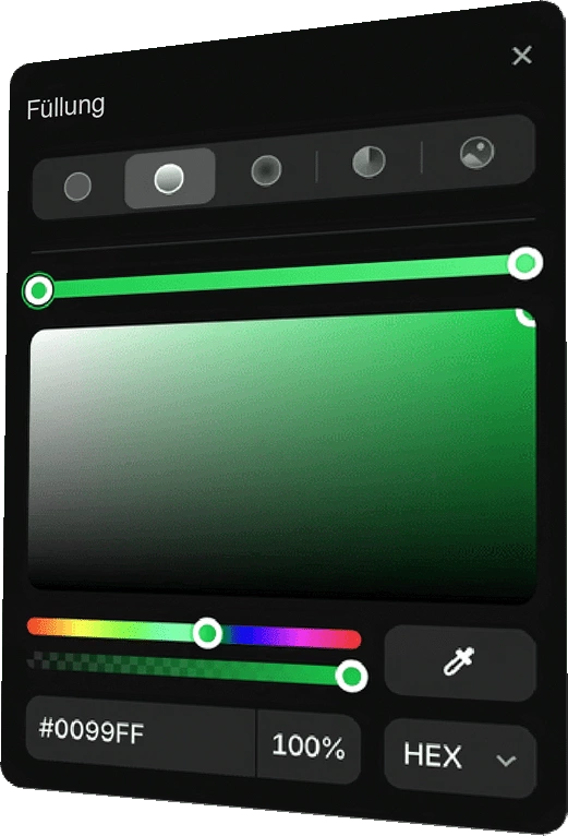 Farbwähler-Menü zur Auswahl von Füllfarben für Elemente. Das Menü zeigt eine grüne Farbpalette, mit der Hex-Farbe #0099FF und einer Opazität von 100 %. Zusätzliche Optionen umfassen verschiedene Füllmodi und Farbverläufe.