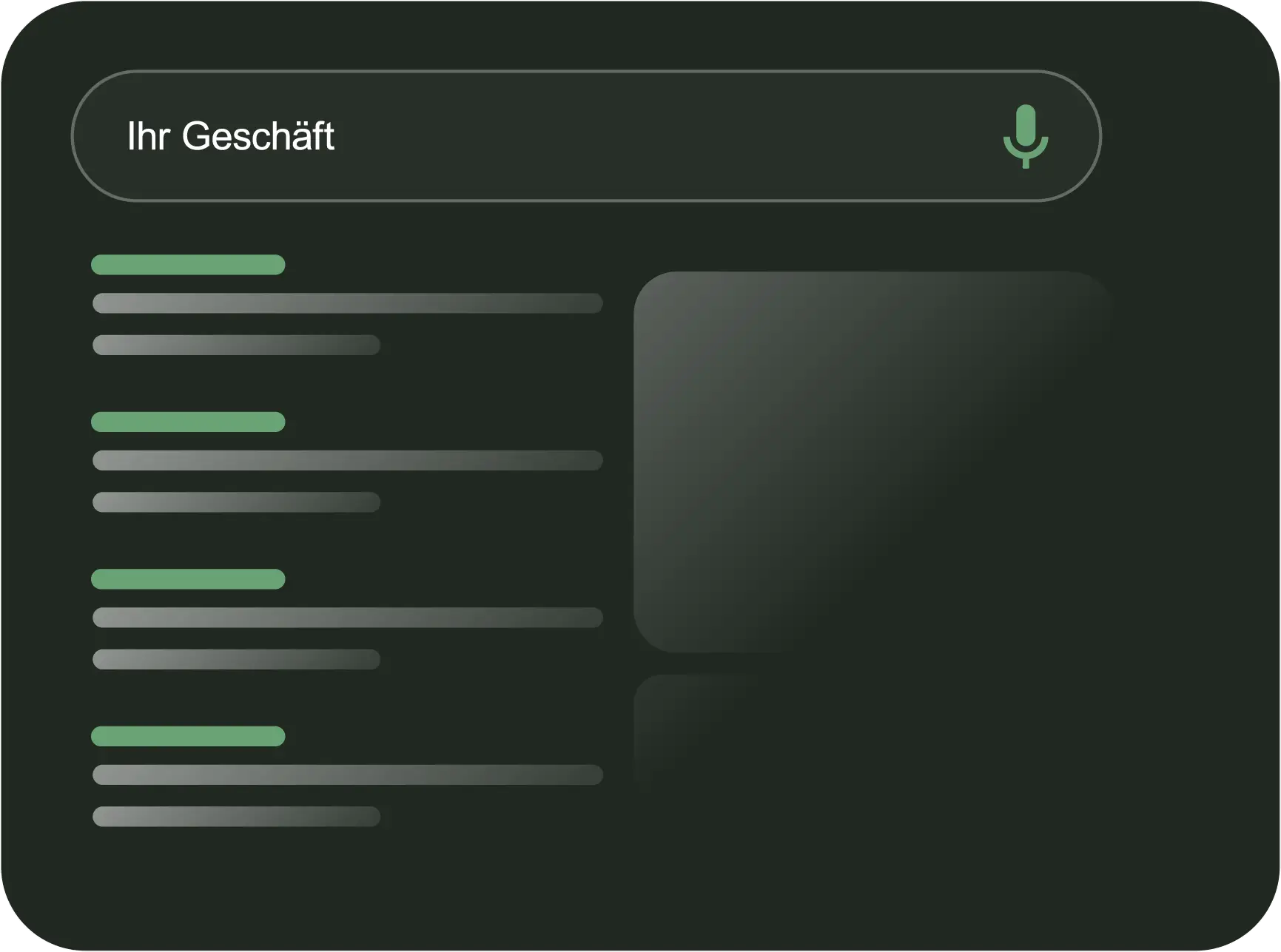 Das Bild zeigt eine grafische Darstellung einer Suchmaschinenergebnisseite (SERP). Oben befindet sich eine grüne Suchleiste mit dem Text "Ihr Geschäft" und einem Mikrofon-Symbol, das auf Sprachsuche hinweist. Darunter sind mehrere Linien und Balken in Grau und Grün abgebildet, die Suchergebnisse repräsentieren. Auf der rechten Seite befindet sich ein leeres, graues Feld, das möglicherweise für Bilder oder weitere Informationen steht. Unten rechts wird eine Lupe mit dem Schriftzug "SEO" dargestellt, was auf die Optimierung von Suchergebnissen (Suchmaschinenoptimierung) hinweist.