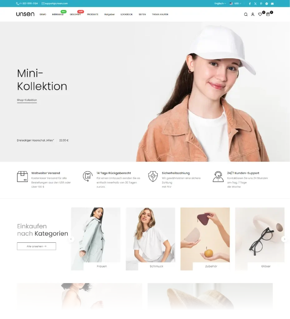 Startseite eines Mode-Onlineshops mit weißem Hintergrund, einem großen Foto einer jungen Frau in weißer Kappe und beiger Jacke, sowie Kategorien und Produktbildern darunter.