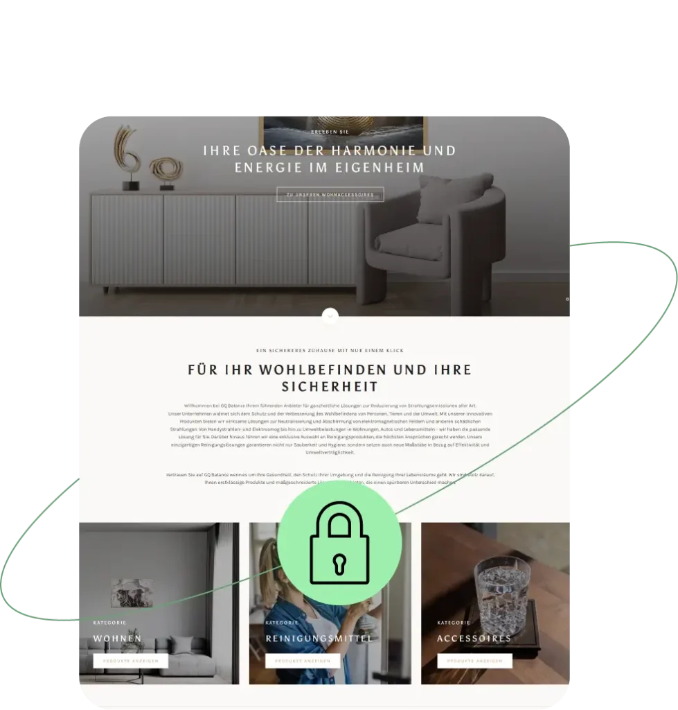Webseite eines Online-Shops mit dem Titel 'Für Ihr Wohlbefinden und Ihre Sicherheit'. Im oberen Bereich der Seite ist ein Wohnzimmer mit dekorativen Elementen und einem Sessel abgebildet. Darunter werden Produktkategorien wie Wohnen, Reinigungsmittel und Accessoires angezeigt. In der Mitte ist ein grünes Schloss-Symbol, das für Sicherheit und Zuverlässigkeit im E-Commerce steht