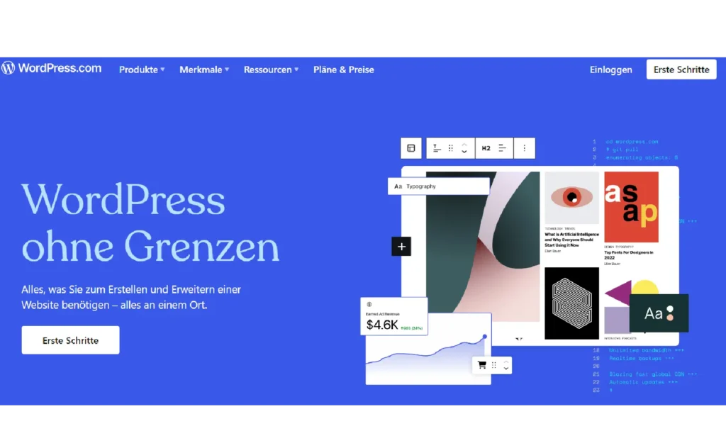 Ein Mockup einer modernen WordPress-Website, angezeigt in einem Browserfenster. Der blaue Hintergrund der Seite trägt den Slogan „WordPress ohne Grenzen“ und wirbt dafür, dass alles, was zum Erstellen und Erweitern einer Website benötigt wird, an einem Ort verfügbar ist. Im Vordergrund sind verschiedene grafische Elemente und Widgets zu sehen, darunter Diagramme, Typografie-Optionen und Bildkomponenten. Oben im Browserfenster befinden sich Navigationsoptionen wie „Produkt“, „Merkmale“ und „Pläne & Preise“. Dieses Bild vermittelt die Vielseitigkeit und Benutzerfreundlichkeit von WordPress als Content-Management-System.