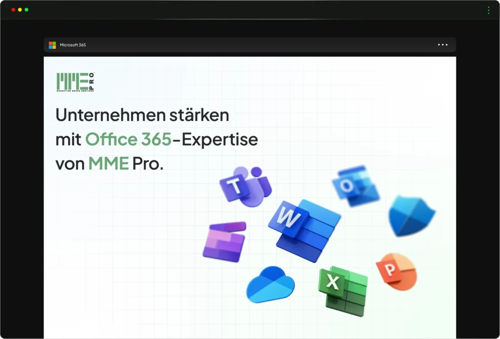 Eine Präsentationsfolie mit dem Titel 'Unternehmen stärken mit Office 365-Expertise von MME Pro.' Links oben befindet sich das MME Pro-Logo, rechts unten sind Icons von Microsoft-Office-Anwendungen wie Teams, Word, Excel, PowerPoint, OneDrive und Outlook dargestellt. Der Hintergrund ist hell mit einem dezenten Gitternetzmuster, und der obere Bereich ist schwarz, um eine Browserleiste zu simulieren