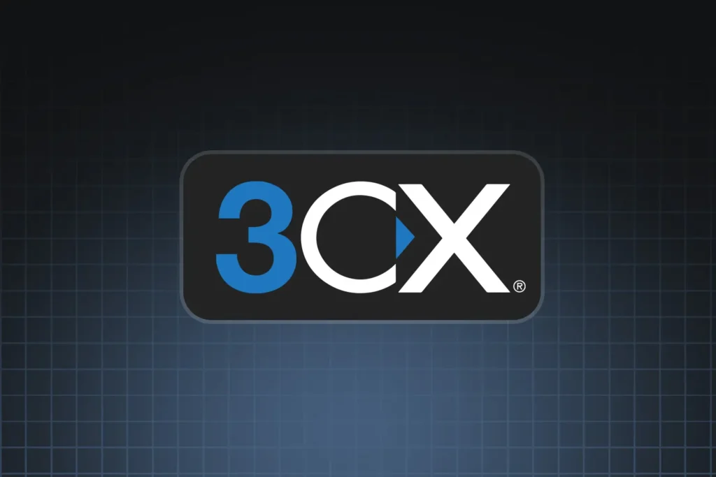 Logo der Cloud-Telefonanlage 3CX auf einem dunklen, rasterförmigen Hintergrund. Die Zahl '3' ist blau, während die Buchstaben 'CX' in Weiß dargestellt sind.