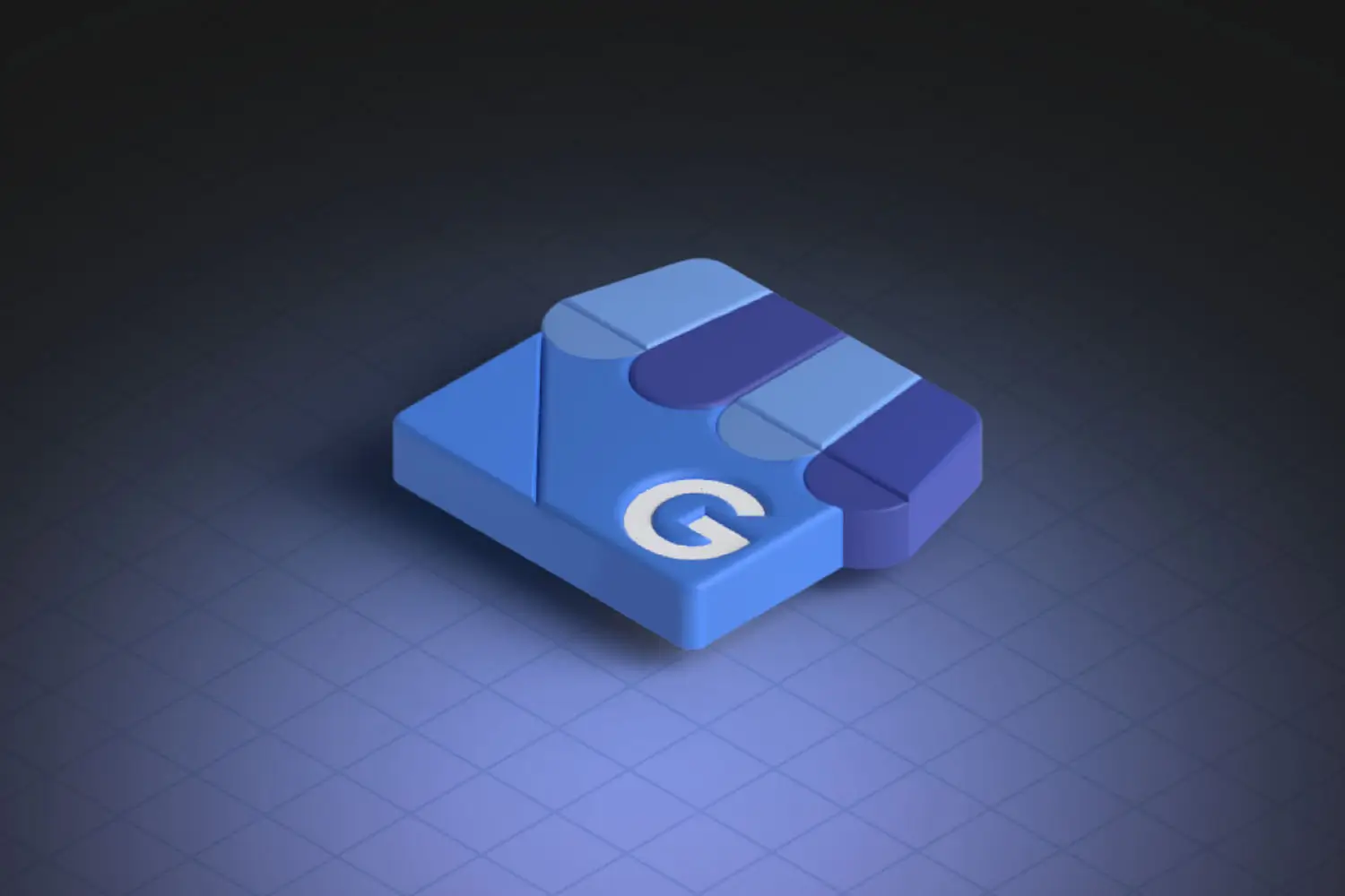 Blaues 3D-Symbol mit dem Buchstaben 'G', das für Google My Business steht, auf einem dunklen, karierten Hintergrund.