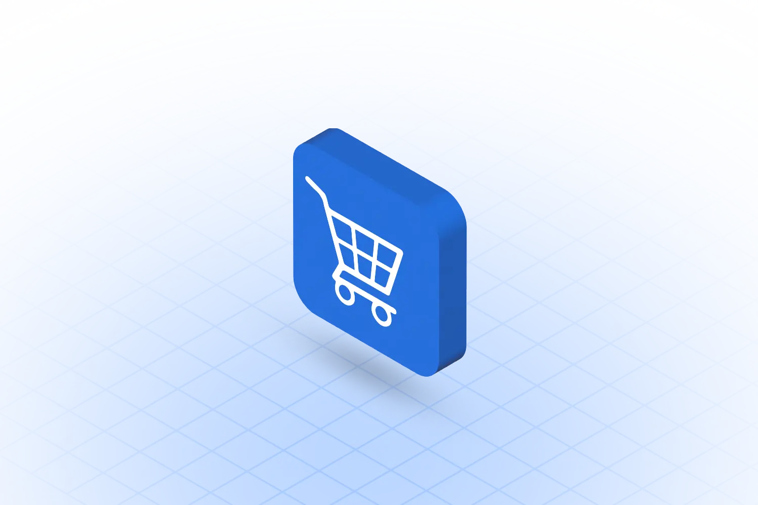 Blaues Symbol mit Einkaufswagensymbol auf Gitterhintergrund, das Google Shopping Kampagnen darstellt. Diese Kampagnen ermöglichen es, Produkte direkt in Google-Suchergebnissen mit Bildern und Details zu präsentieren und so kaufbereite Kunden gezielt anzusprechen