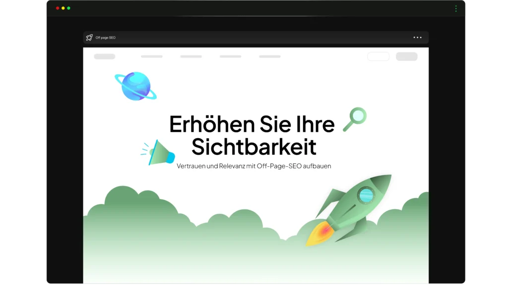 Bildschirmdarstellung mit dem Text 'Erhöhen Sie Ihre Sichtbarkeit – Vertrauen und Relevanz mit Off-Page-SEO aufbauen'. Elemente wie ein Megafon, eine Lupe und eine Rakete, die durch grüne Wolken schießt, symbolisieren die Verstärkung der Online-Präsenz durch Off-Page-SEO.