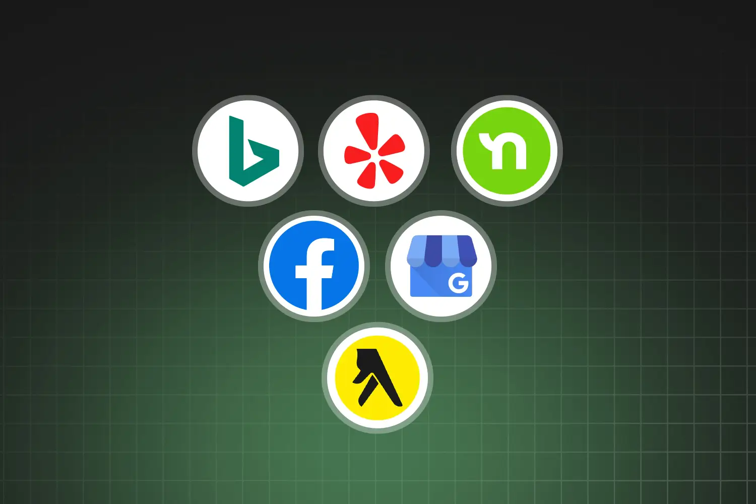 Icons für verschiedene Online-Plattformen und Verzeichnisse, darunter Bing, Yelp, Nextdoor, Facebook, Google My Business und Gelbe Seiten, auf einem dunkelgrünen, gitternetzartigen Hintergrund.