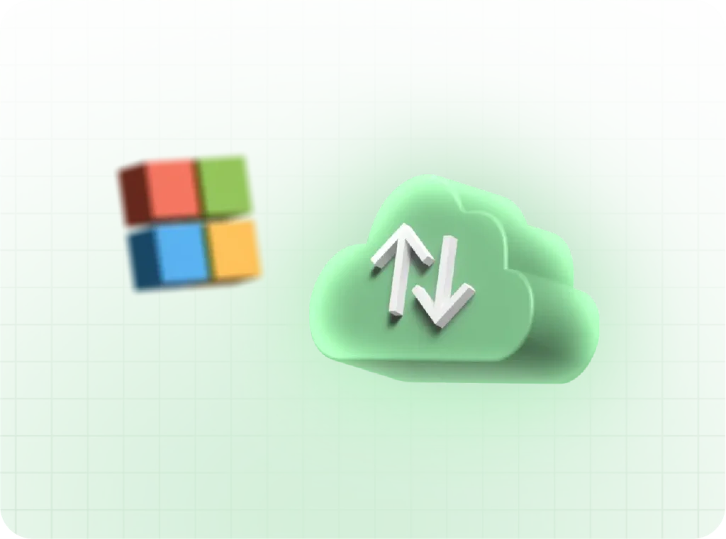 Symbolbild für Cloud-Migration mit einem unscharfen Microsoft-Logo links und einer grünen Wolke rechts, die durch Pfeile den Datenfluss in beide Richtungen anzeigt