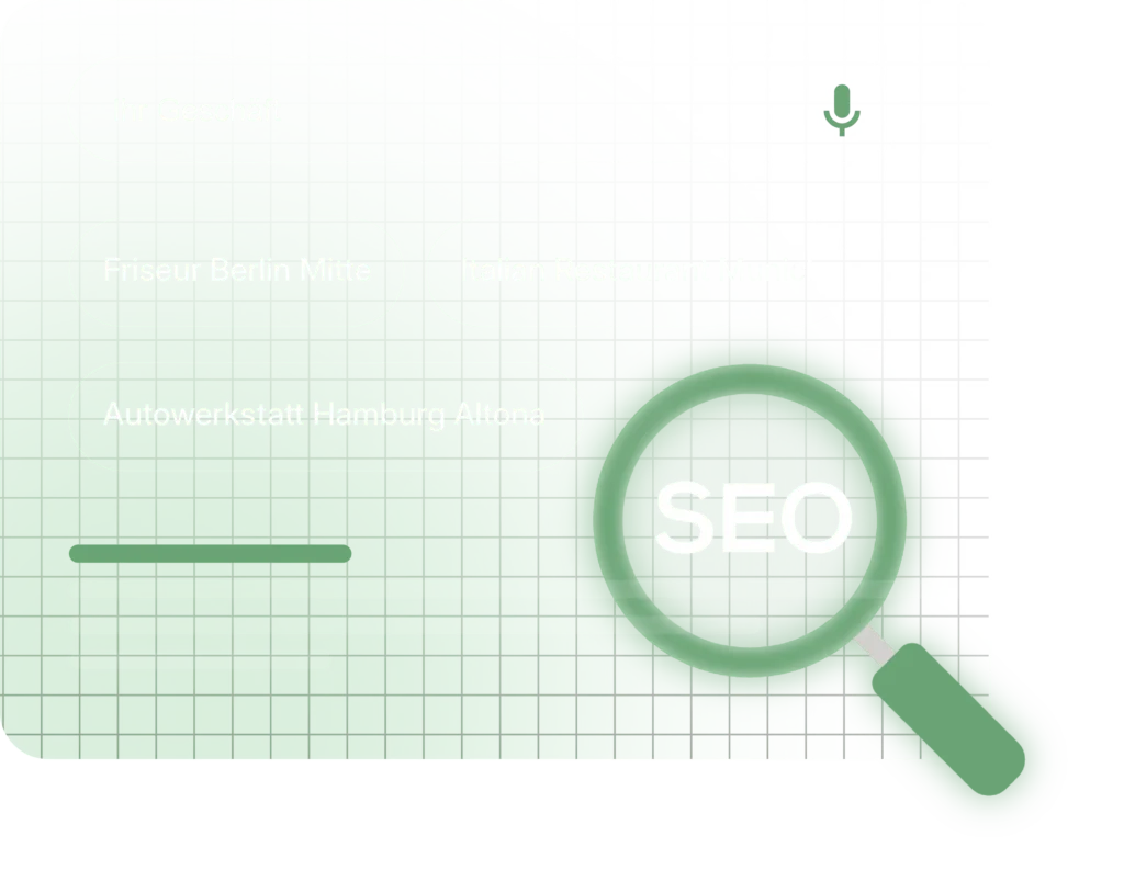 Illustration einer Suchmaschinenansicht mit verschiedenen Suchbegriffen wie 'Friseur Berlin Mitte' und 'Autowerkstatt Hamburg Altona', daneben eine grüne Lupe mit der Aufschrift 'SEO'. Das Bild symbolisiert die Bedeutung von On-Page SEO zur besseren Auffindbarkeit lokaler Dienstleistungen