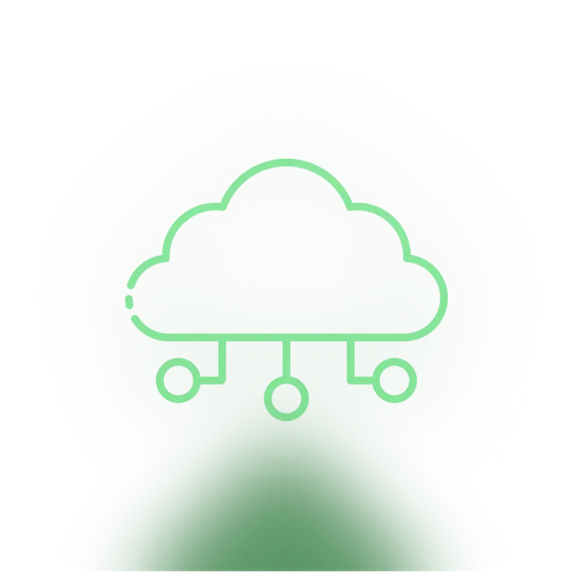 Symbol einer stilisierten Cloud mit drei verbundenen Punkten darunter, das eine Cloud-basierte Telefonanlage repräsentiert.