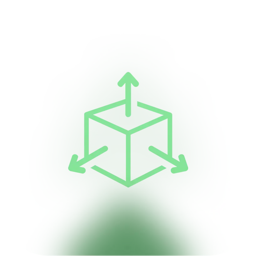 Symbol für Flexibilität und Skalierbarkeit, dargestellt durch einen Würfel mit Pfeilen, die in drei Richtungen zeigen, auf einem grünen, unscharfen Hintergrund.