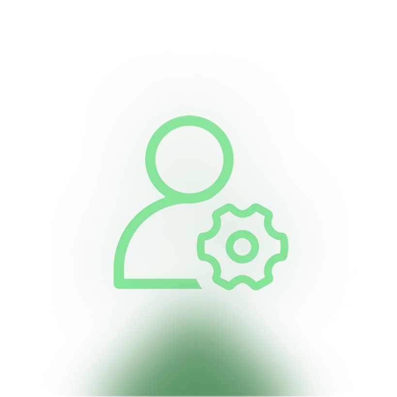 Grüne Symbolgrafik einer Person mit einem Zahnrad daneben, auf einem weißen Hintergrund mit Farbverlauf. Symbolisiert einfache und effiziente Benutzerverwaltung in Office 365